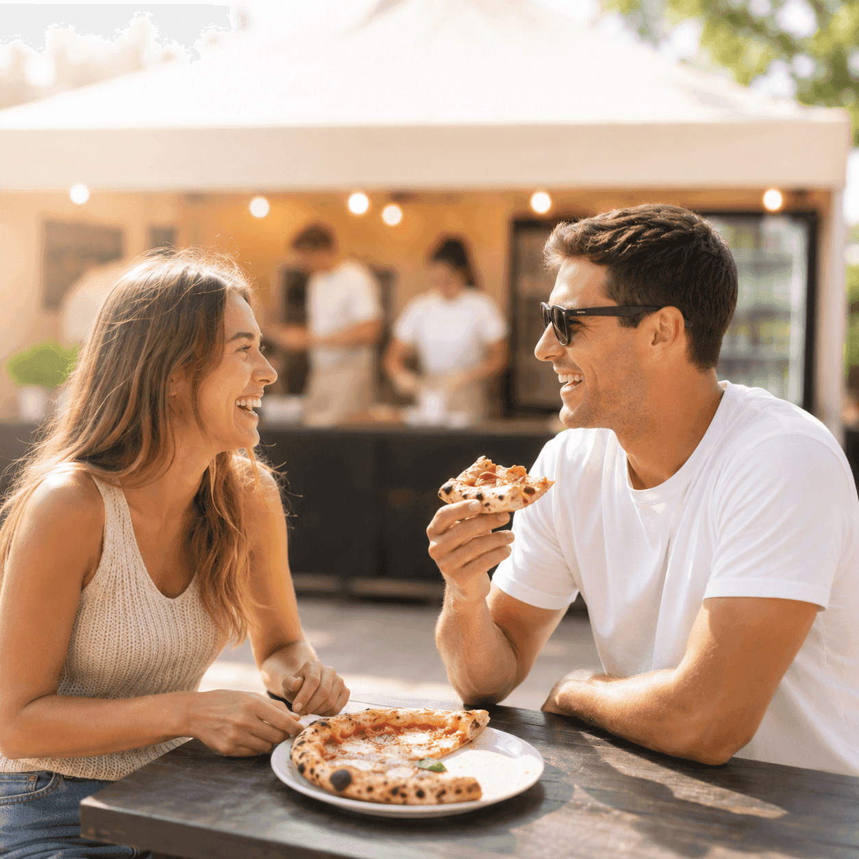 Gäste genießen gemeinsam frisch gebackene Pizza auf einer Feier