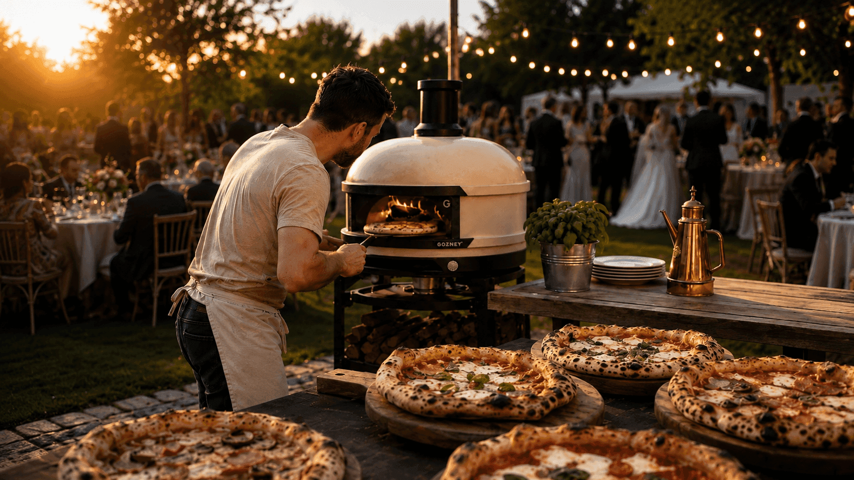 Pizzaiolo am mobilen Steinofen bei einer abendlichen Feier im Freien, frisch gebackene neapolitanische Pizza im Vordergrund